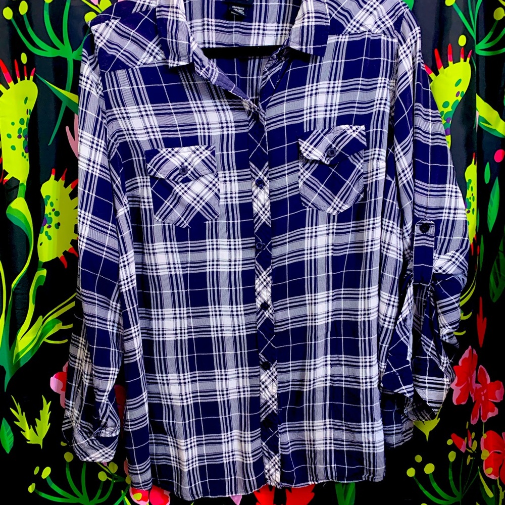 Torrid 2 Navy blue white plaid button up flannel